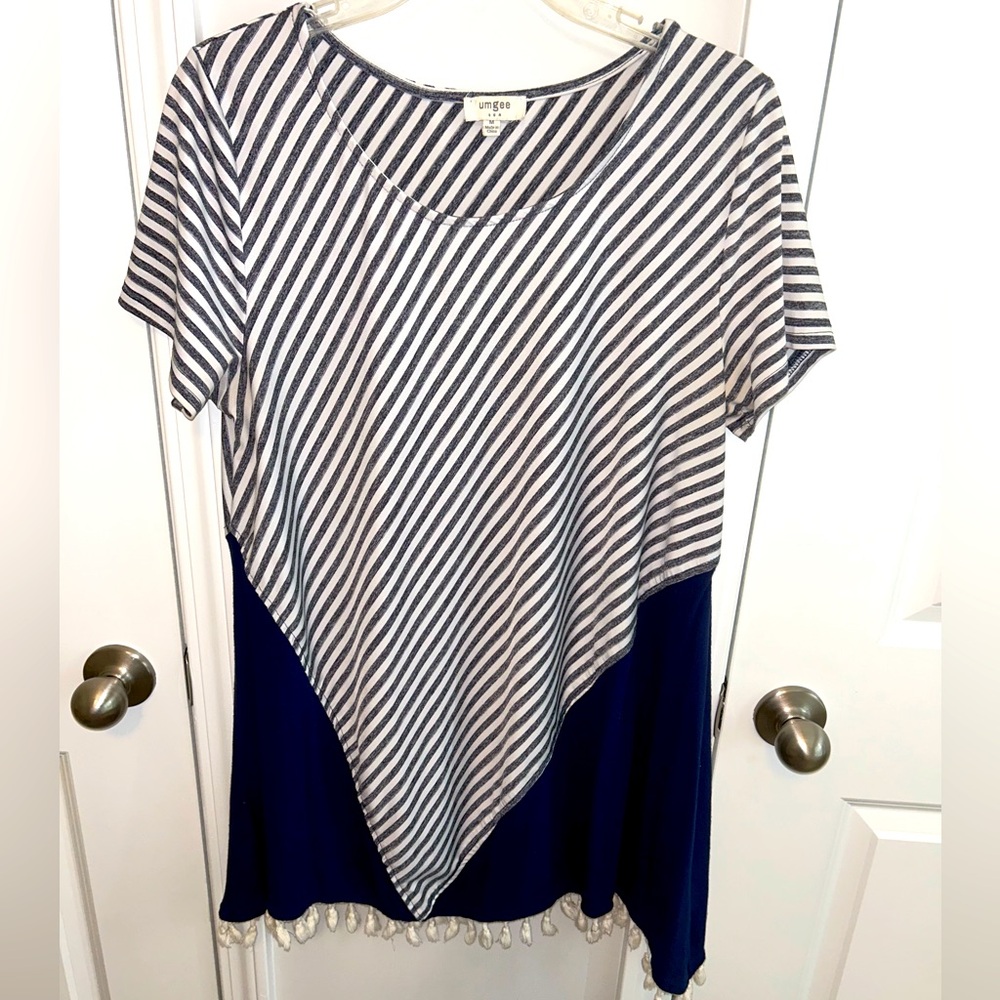 Umgee‎ women’s Blue White Stripe mini dress Pom Pom Trim Size Medium